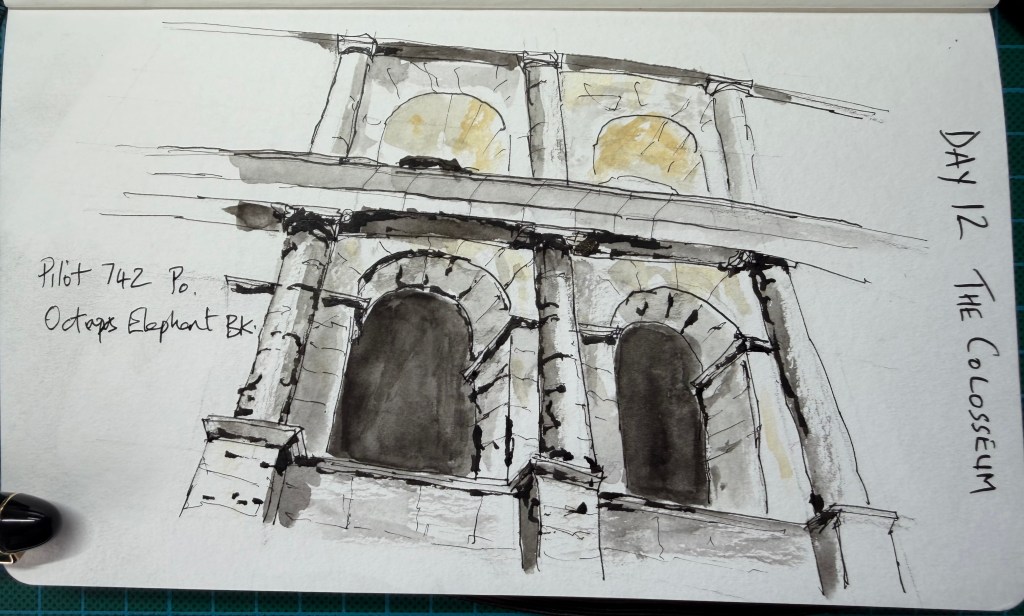 Loose ink and wash sketch of the Colosseum in Rome, Day 12 of The Loose Nib sketching journey.