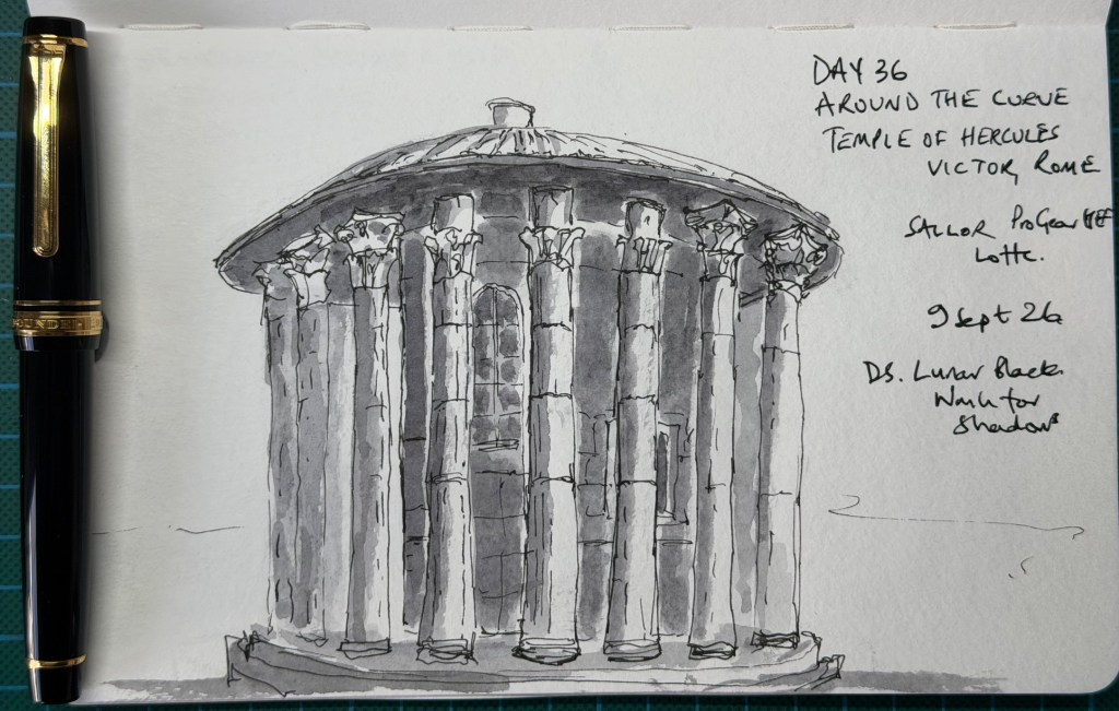 David’s loose ink and monochrome watercolour sketch of the circular Temple of Hercules Victor in Rome, with pale columns against grey shadows.